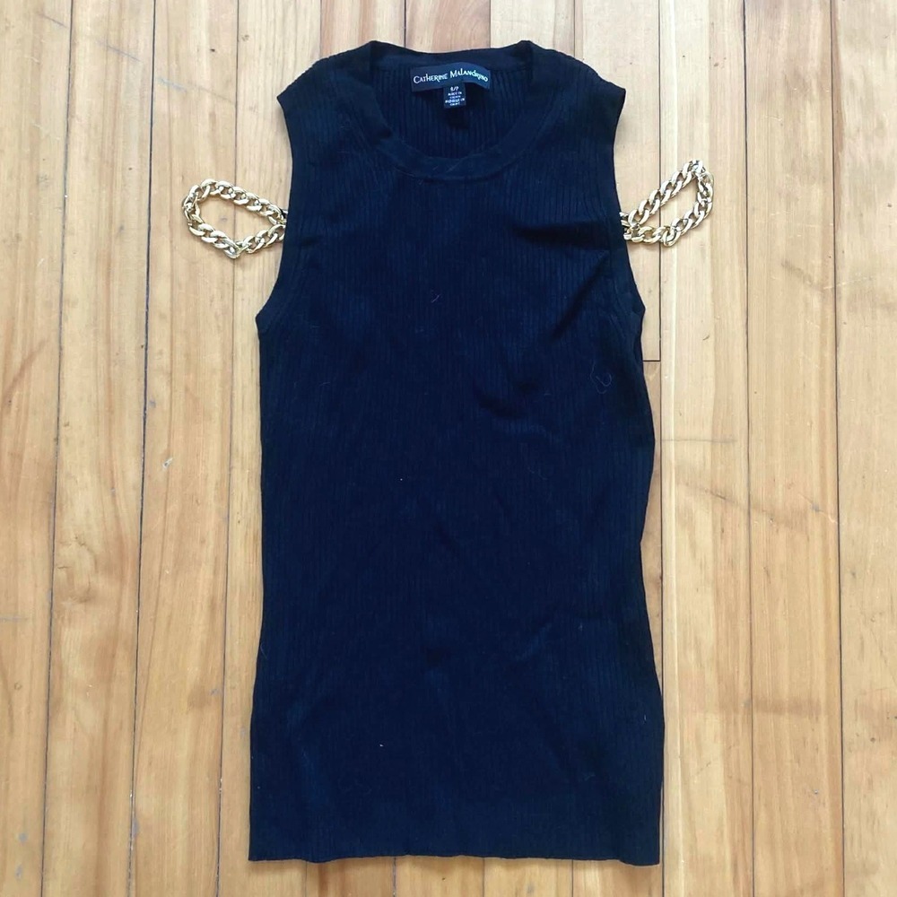 Catherine Malandrino Black Ribbed Knit Chain Detail Sweater Top Size Small